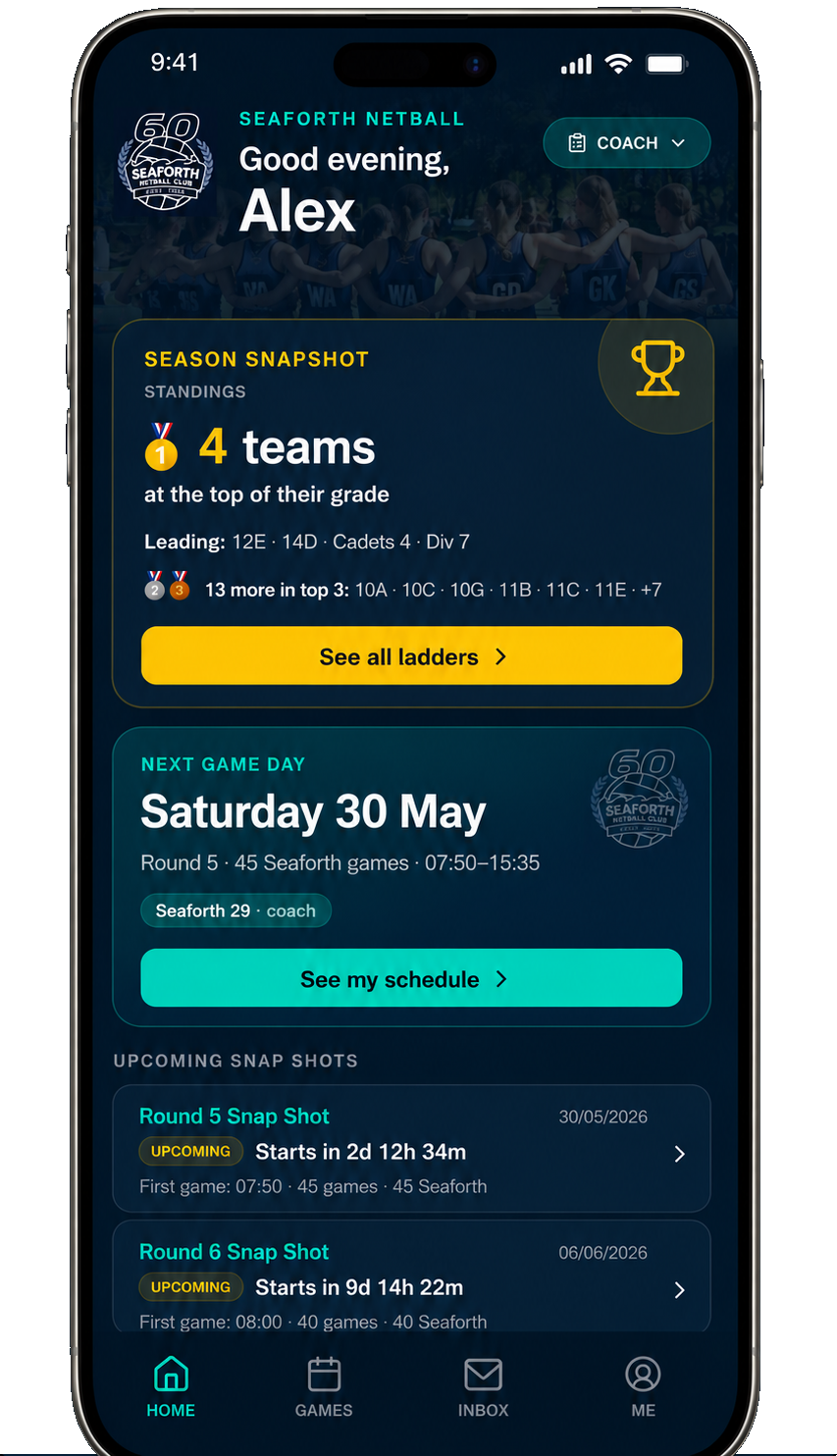 Club dashboard app screen