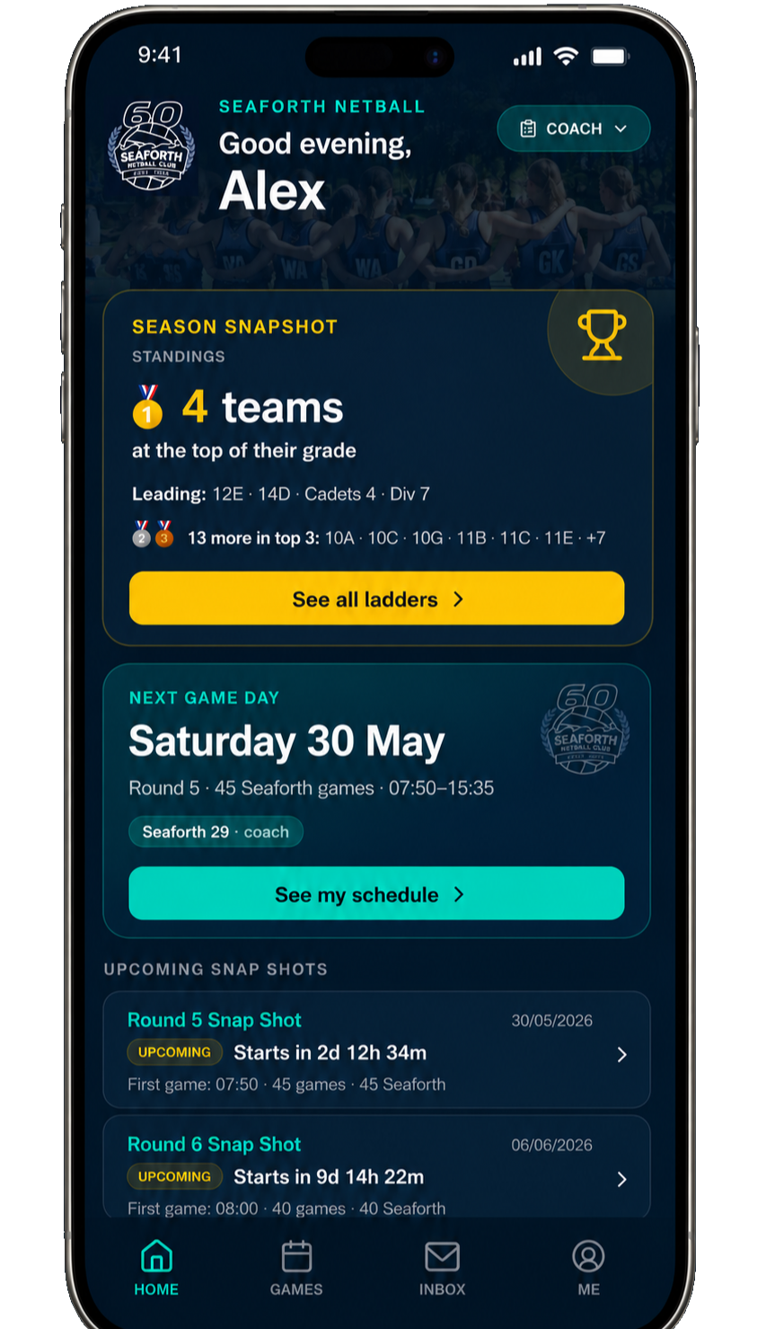 Club dashboard app screen