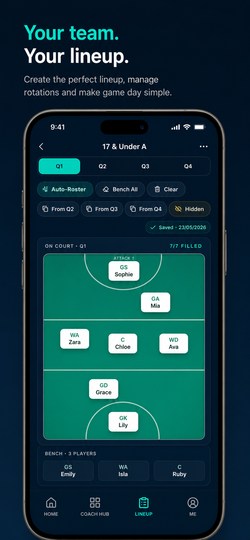 Sideline Pro mobile app — coach lineup builder with court positions and bench
