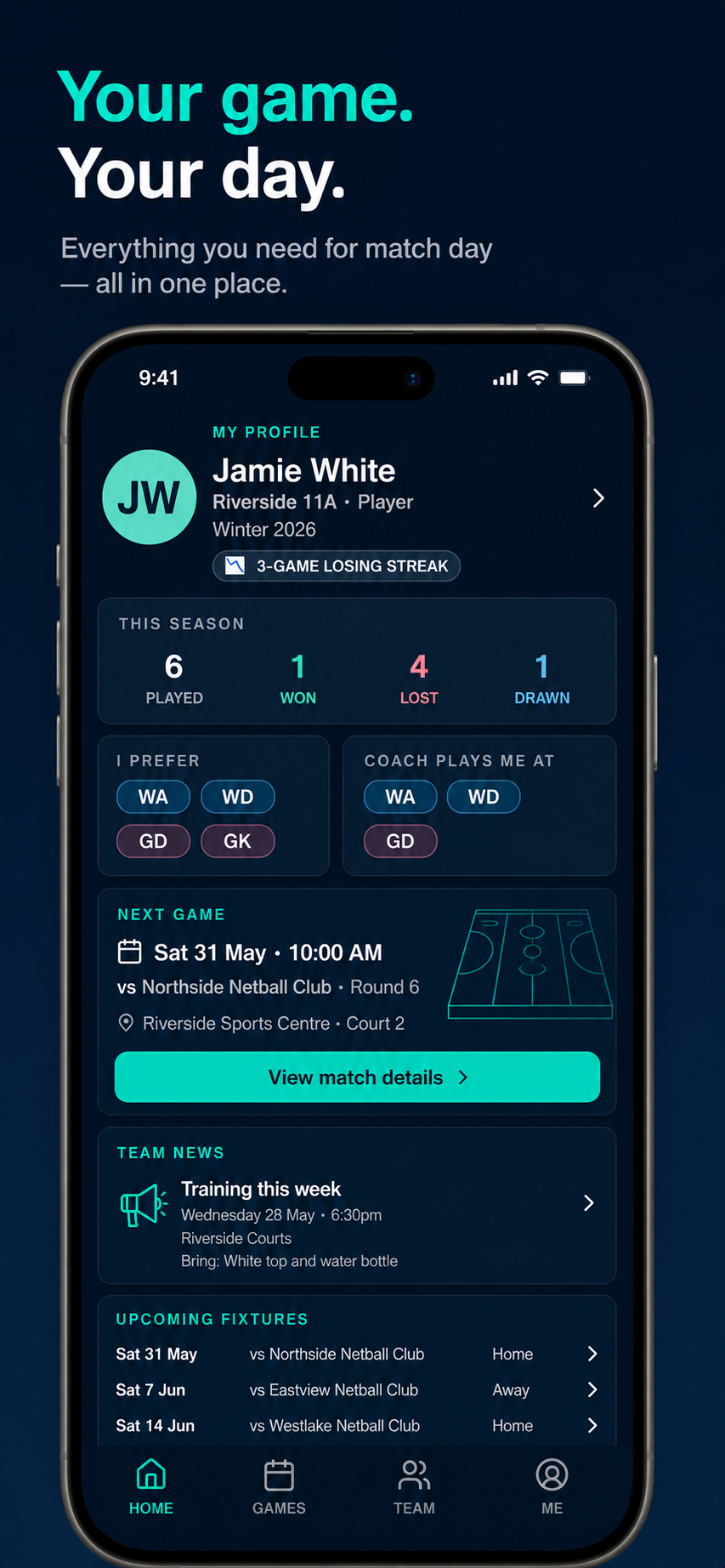 Sideline Pro mobile app — player profile with season stats and upcoming fixtures